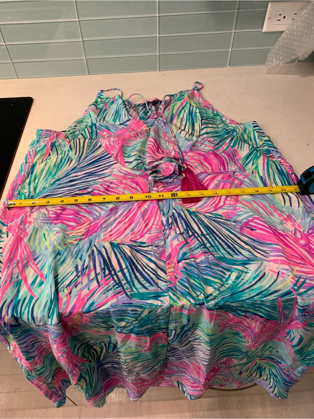 Lilly Pulitzer Silk Pink, Teal & Blue Tropical Palm Branch Print Midi Dress M - Picture 7 of 9
